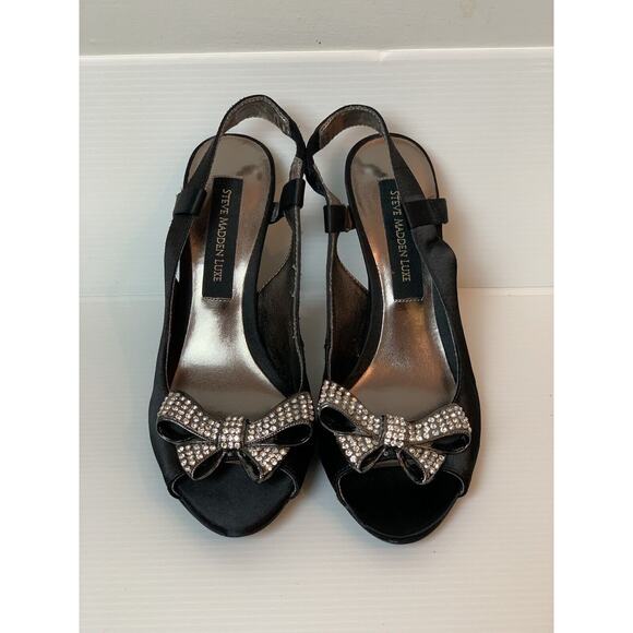 Steve Madden Luxe Black Satin Sling Back Heels Rhinestone Bow Toe US 6.5 - Picture 12 of 15